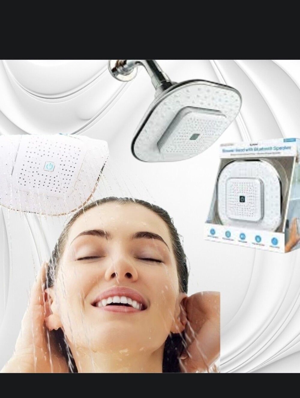 White Bluetooth Shower Head Speaker — Wireless Waterproof Audio